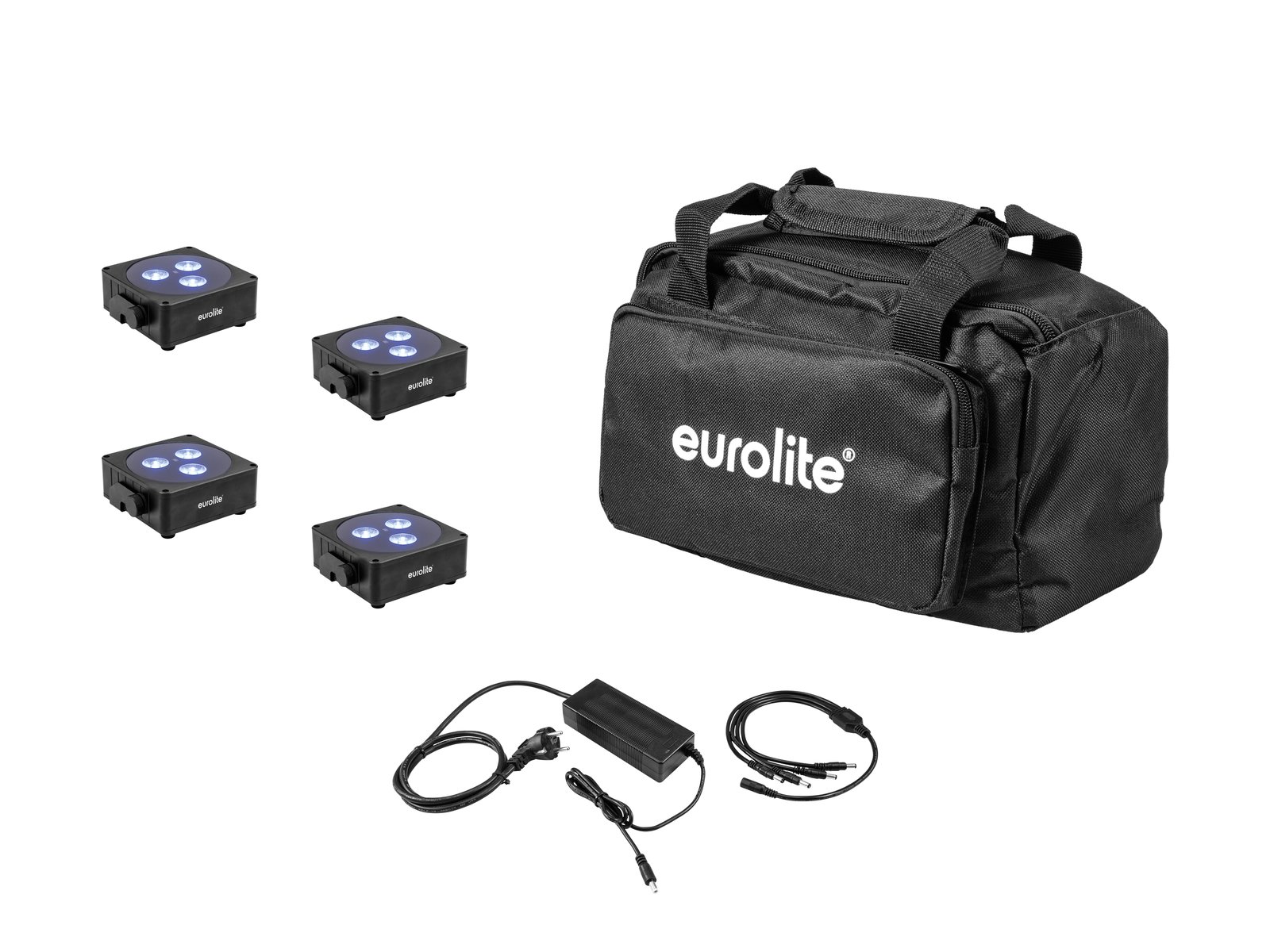 EUROLITE Set 4x AKKU Flat Light 3 bk + Charger + Soft Bag