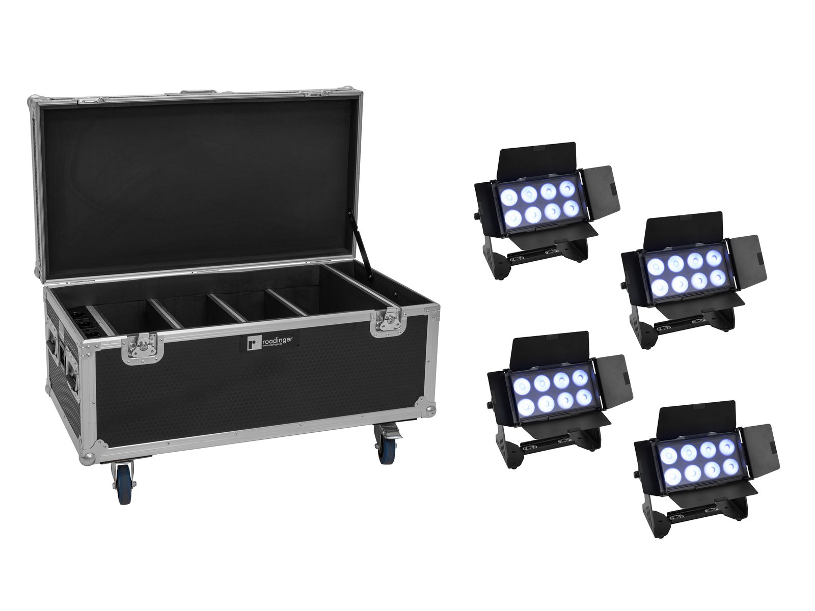 EUROLITE Set 4x AKKU Multiflood IP 8x10W RGBW Wash CRMX + Case with charging function